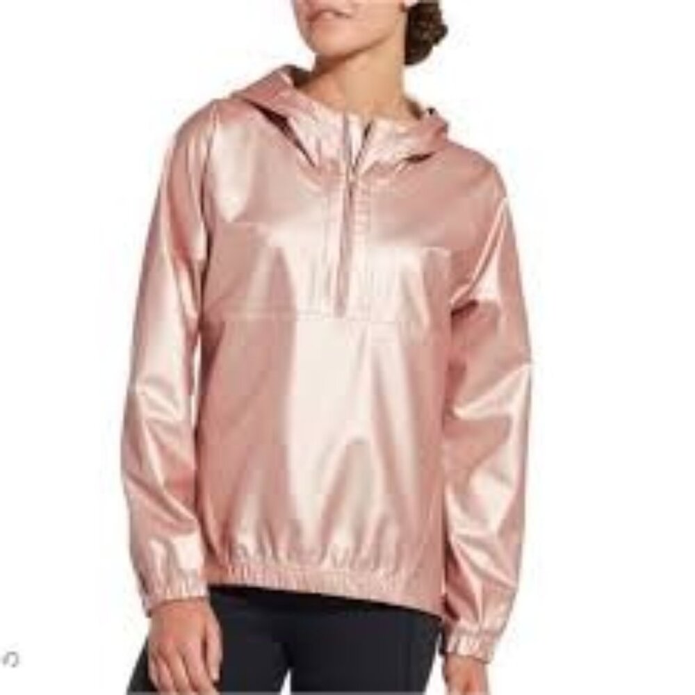 Calia Metallic Perforated Rose Gold Pullover Hoodie With Half Zip, Size M